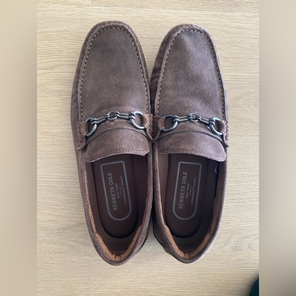 Kenneth Cole NY Brown Suede Driving Loafers Mens Horsebit Chain Slip On 10.5